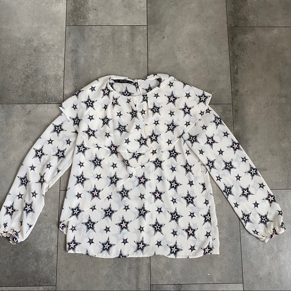 Zara basic star print ruffle cream blouse size XS - Picture 2 of 4